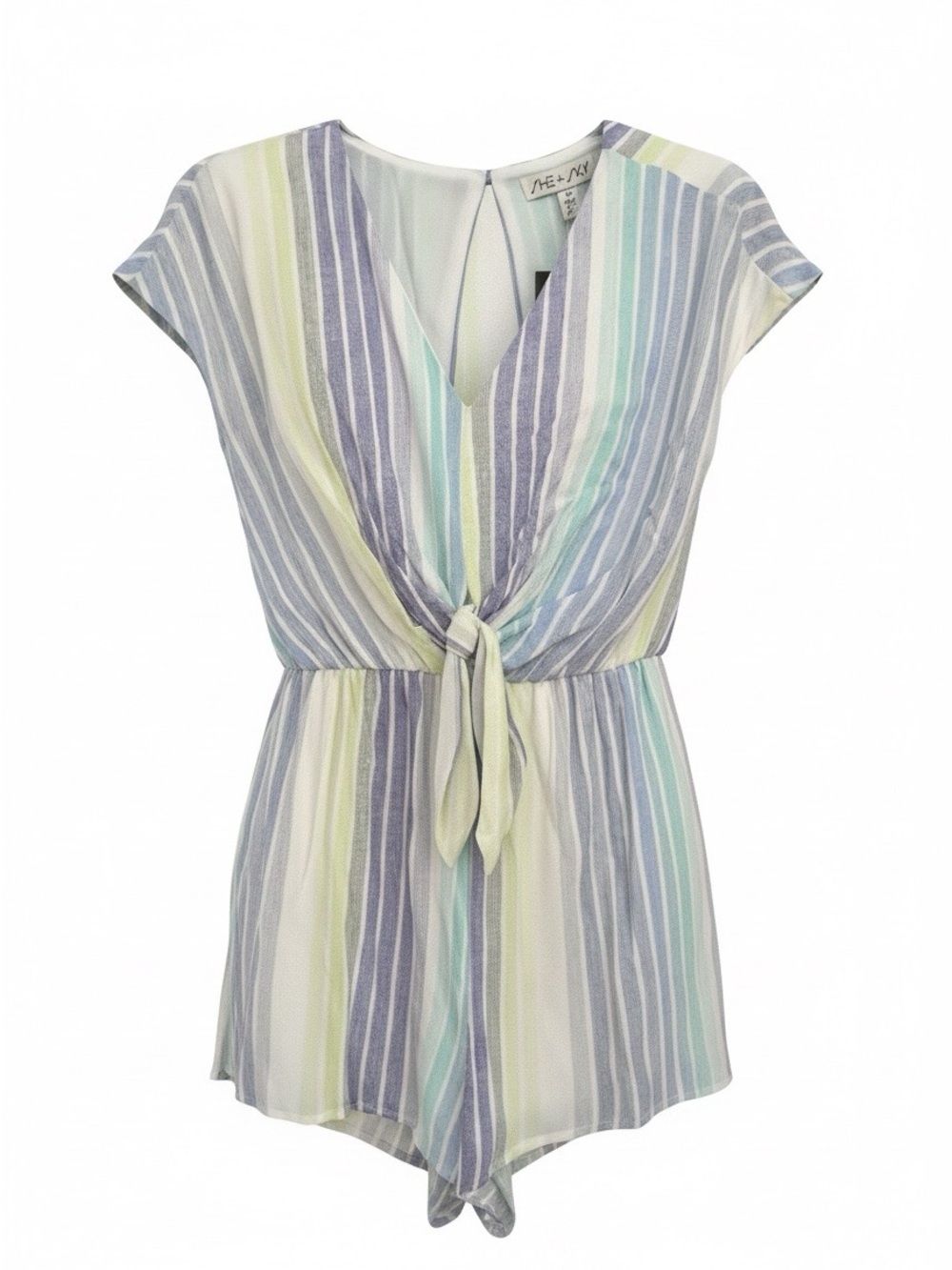 Pastel Stripe Tie-Front Romper - Multicolor with Cut-Out Back